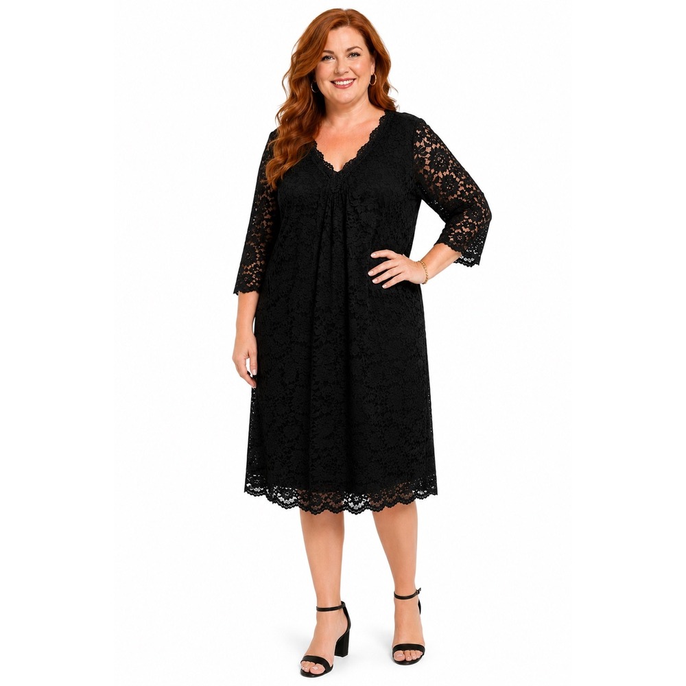 Curlbiuty Womens Black Floral Lace V-Neck 3/4 Sleeve A-Line Midi Dress 2XL